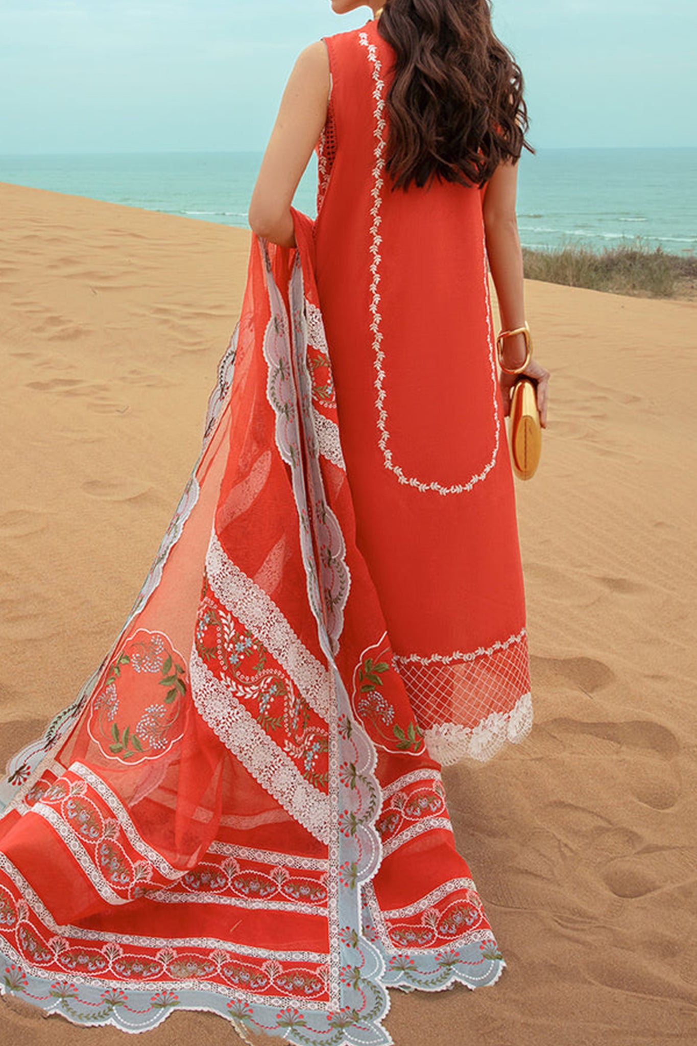 Saira Shakira By Crimson Unstitched 3 Piece Luxury Lawn Collection'2024-Stars of Fire Fiesta Coral