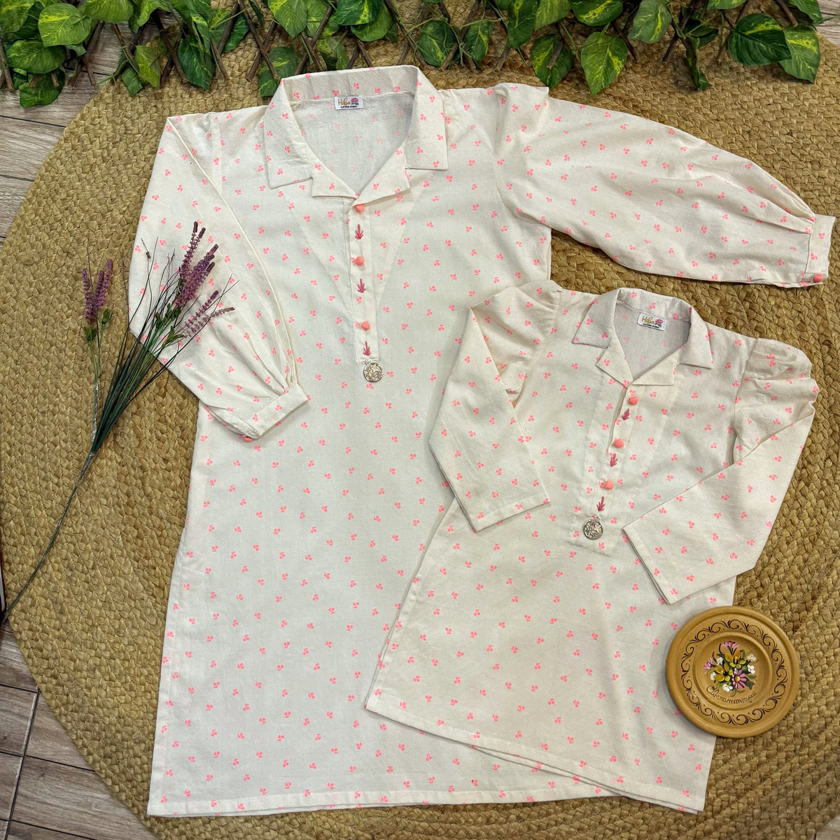 Hiba Fashion Off-white and pink mommy and me set-(TWM-001)-(2PC)