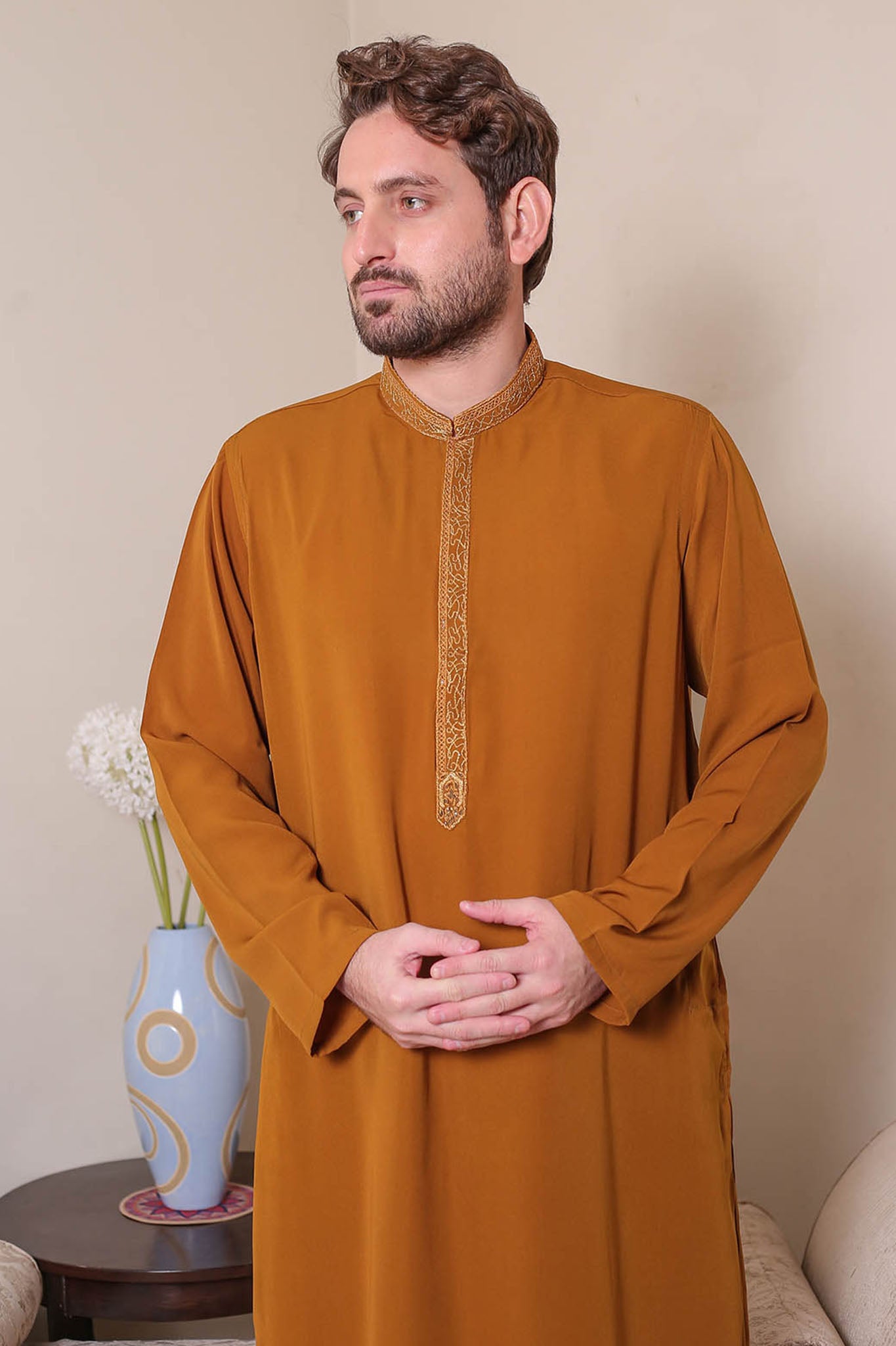 Real Image Mens Kurta Shalwar Winter Collection'2025-D-479 Mustard
