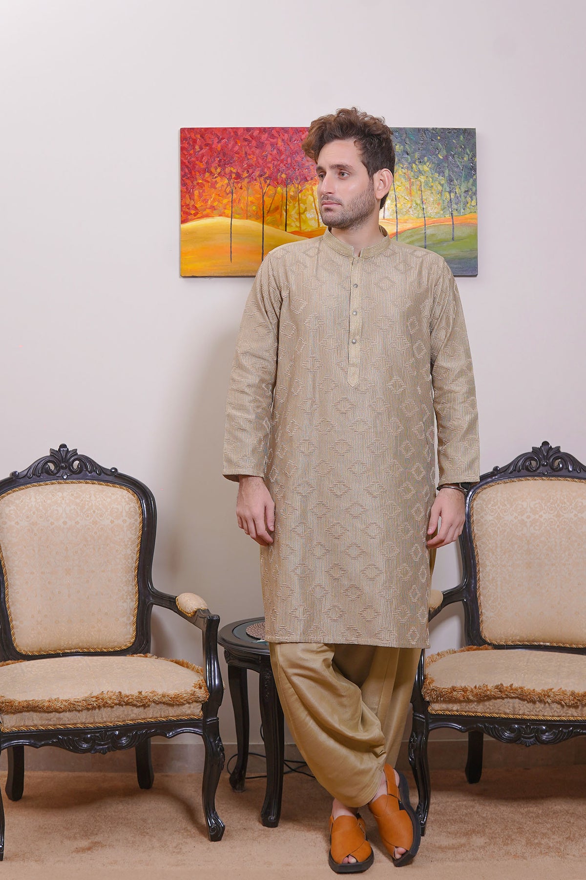 Real Image Mens Kurta Shalwar Collection'2025-D - 489 Fawn