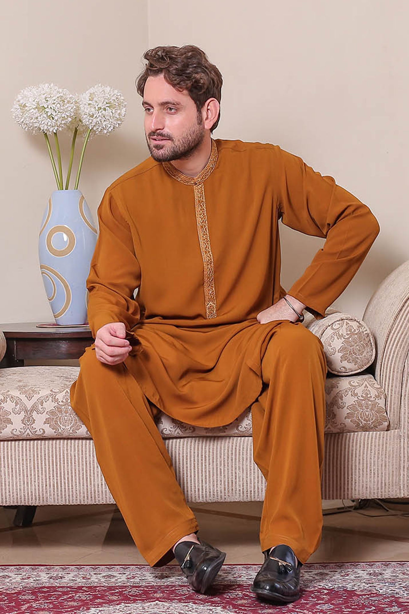 Real Image Mens Kurta Shalwar Winter Collection'2025-D-479 Mustard