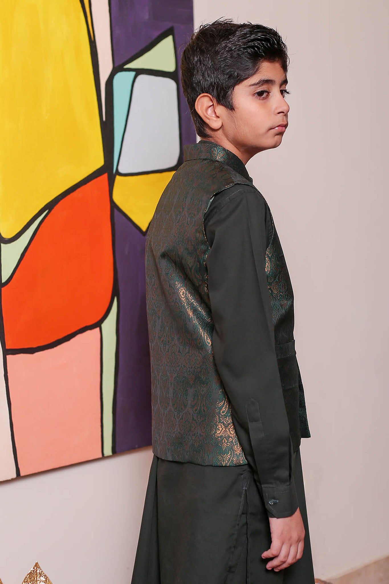 Real Image Kids Waist Coat Collection'2025-OKW-048A Smart Fit Dark Green
