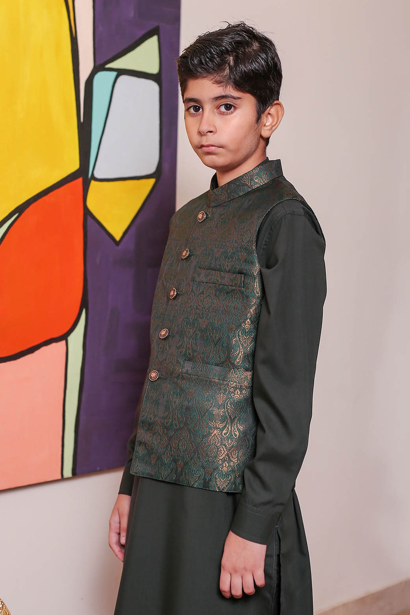 Real Image Kids Waist Coat Collection'2025-OKW-048A Smart Fit Dark Green