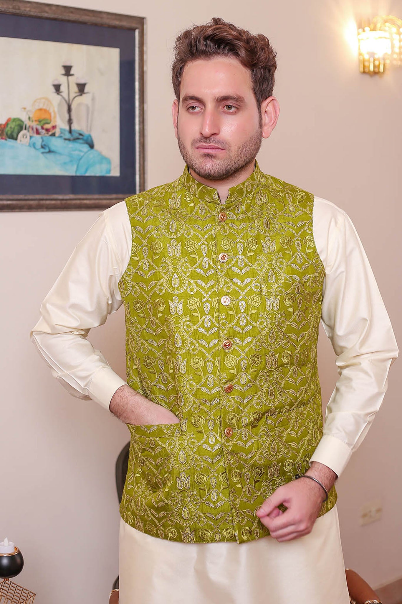 Real Image Mens Waist Coat Collection'2025-OW - 050 Green