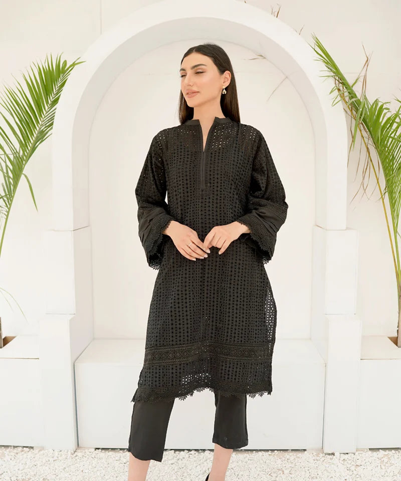 Dhaga Stitched 2 Piece Co Ords Summer Collection'2025-Black Schiffli