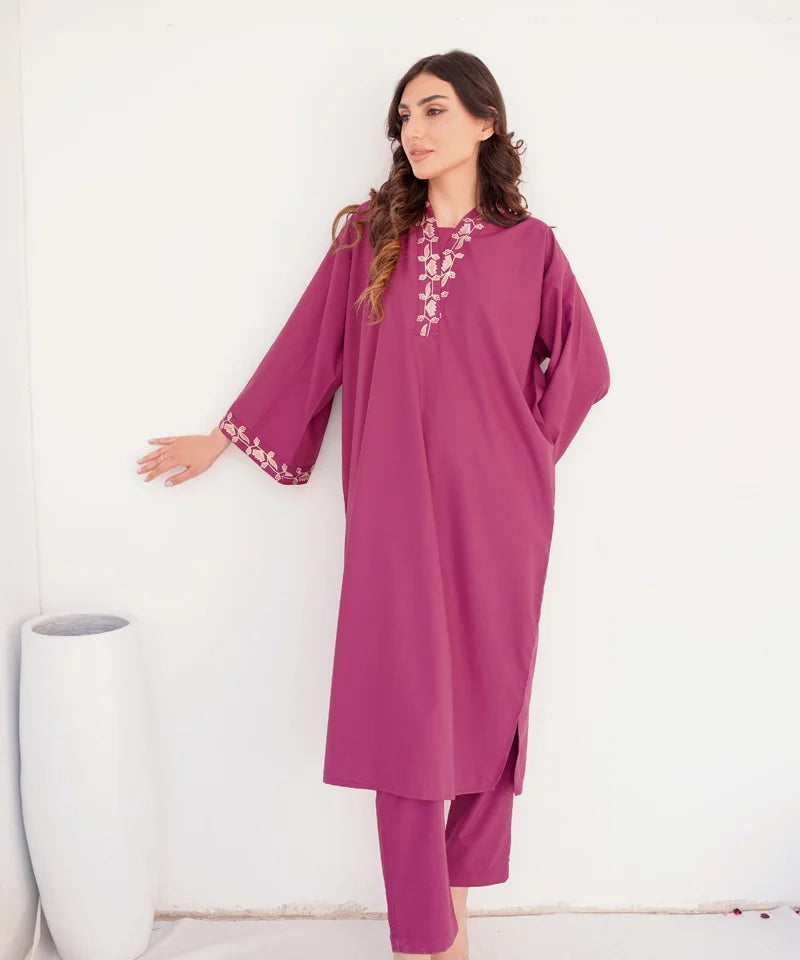 Dhaga Stitched 2 Piece Co Ords Summer Collection'2025-Hot pink Embroidered