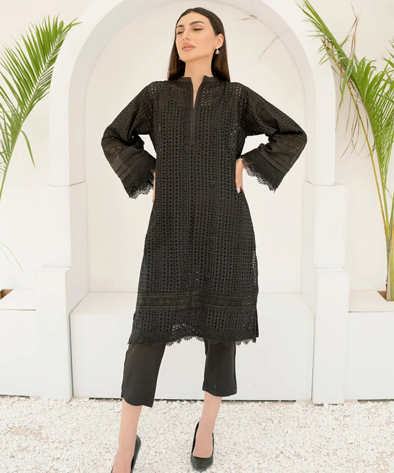 Dhaga Stitched 2 Piece Co Ords Summer Collection'2025-Black Schiffli