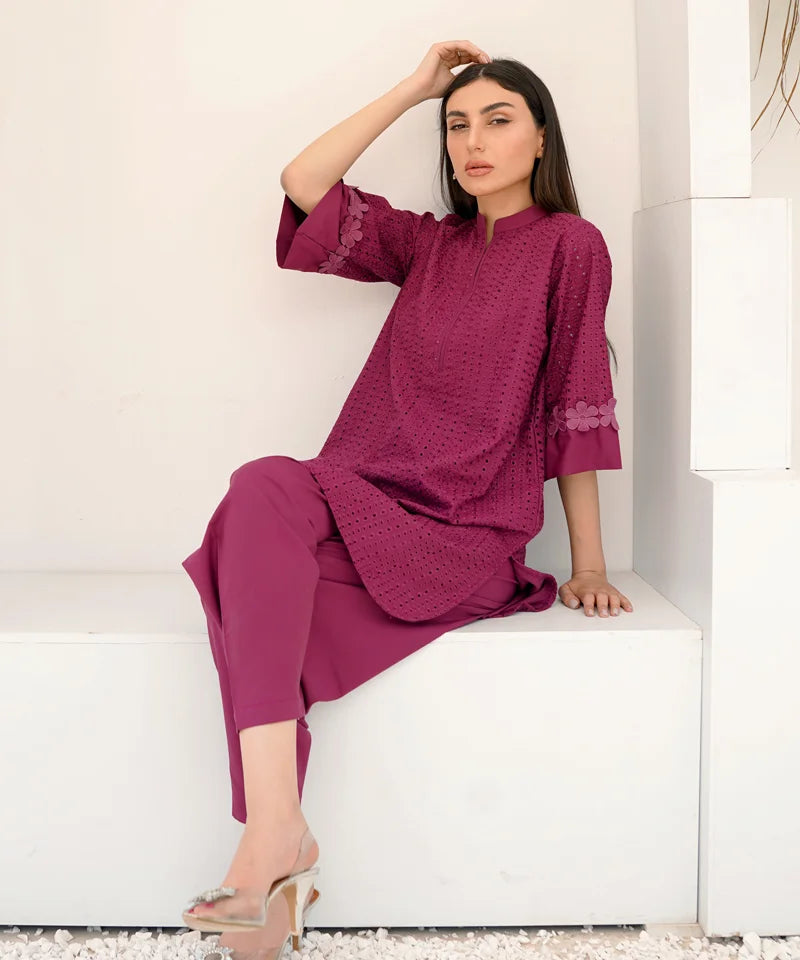 Dhaga Stitched 2 Piece Co Ords Summer Collection'2025-Pink Schiffli Embroidered