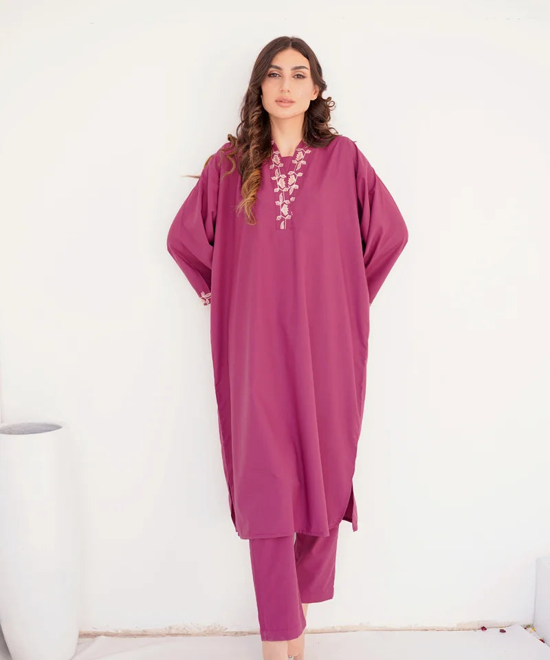 Dhaga Stitched 2 Piece Co Ords Summer Collection'2025-Hot pink Embroidered