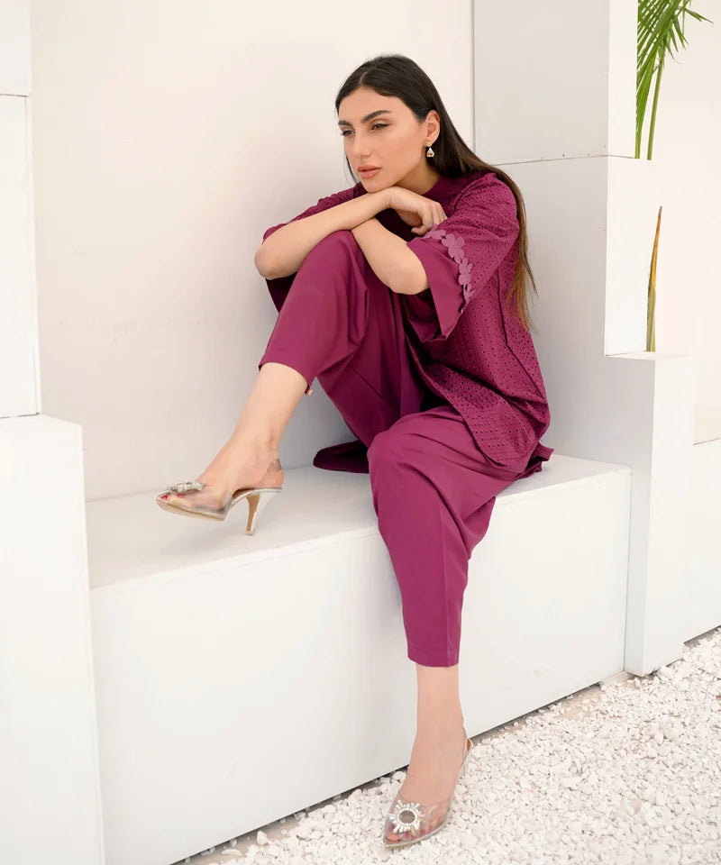 Dhaga Stitched 2 Piece Co Ords Summer Collection'2025-Pink Schiffli Embroidered
