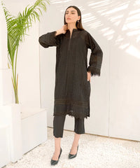 Dhaga Stitched 2 Piece Summer Suit-Black Schiffli