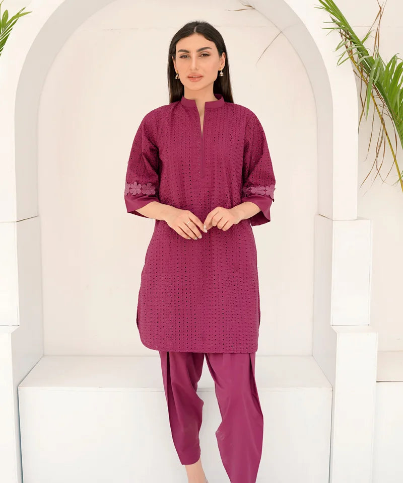 Dhaga Stitched 2 Piece Co Ords Summer Collection'2025-Pink Schiffli Embroidered