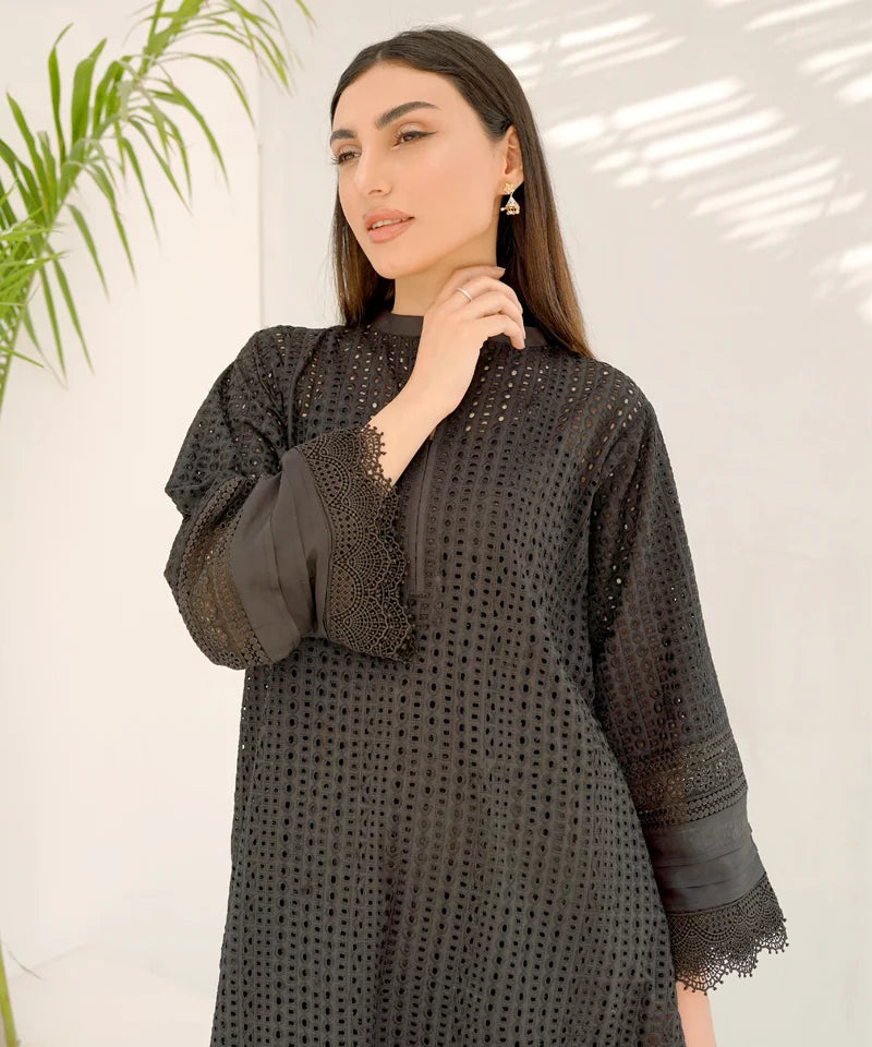 Dhaga Stitched 2 Piece Co Ords Summer Collection'2025-Black Schiffli