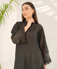 Dhaga Stitched 2 Piece Summer Suit-Black Schiffli