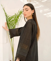 Dhaga Stitched 2 Piece Summer Suit-Black Schiffli