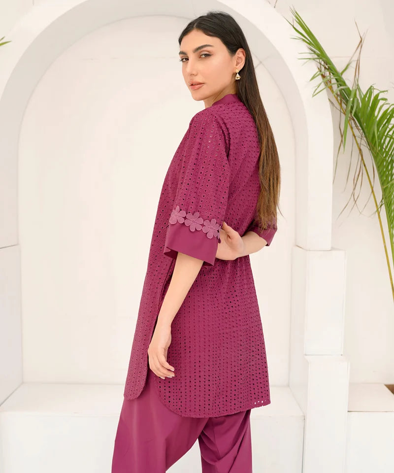 Dhaga Stitched 2 Piece Co Ords Summer Collection'2025-Pink Schiffli Embroidered