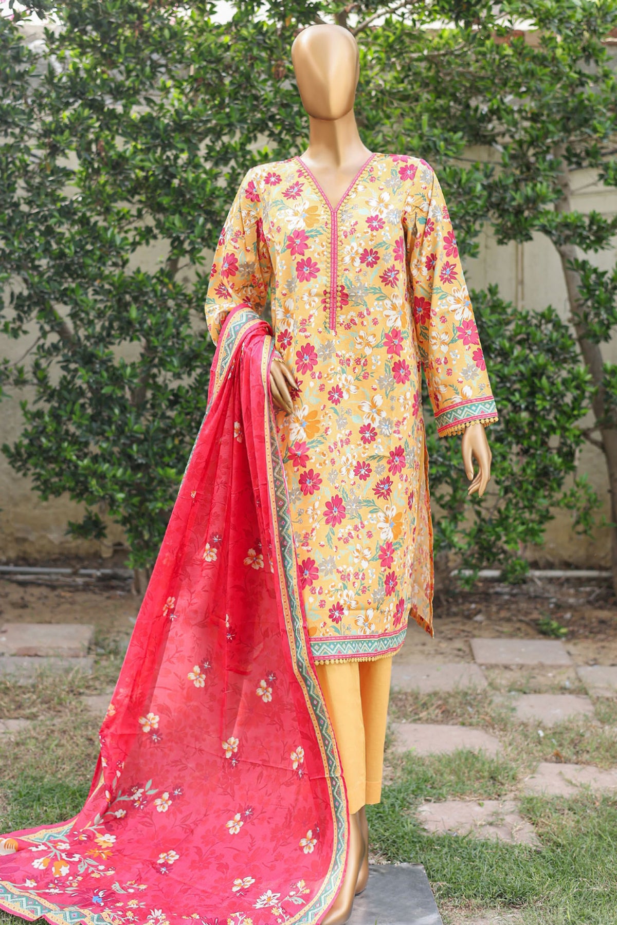 Bin Saeed Stitched 3 Piece Printed Cotton Mid Summer Collection'2024-WC-1023-Mustard