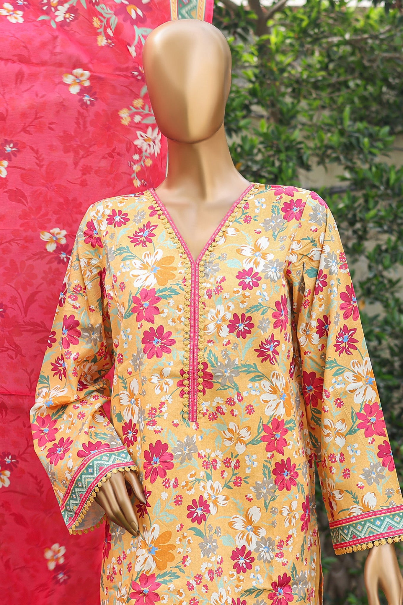 Bin Saeed Stitched 3 Piece Printed Cotton Mid Summer Collection'2024-WC-1023-Mustard