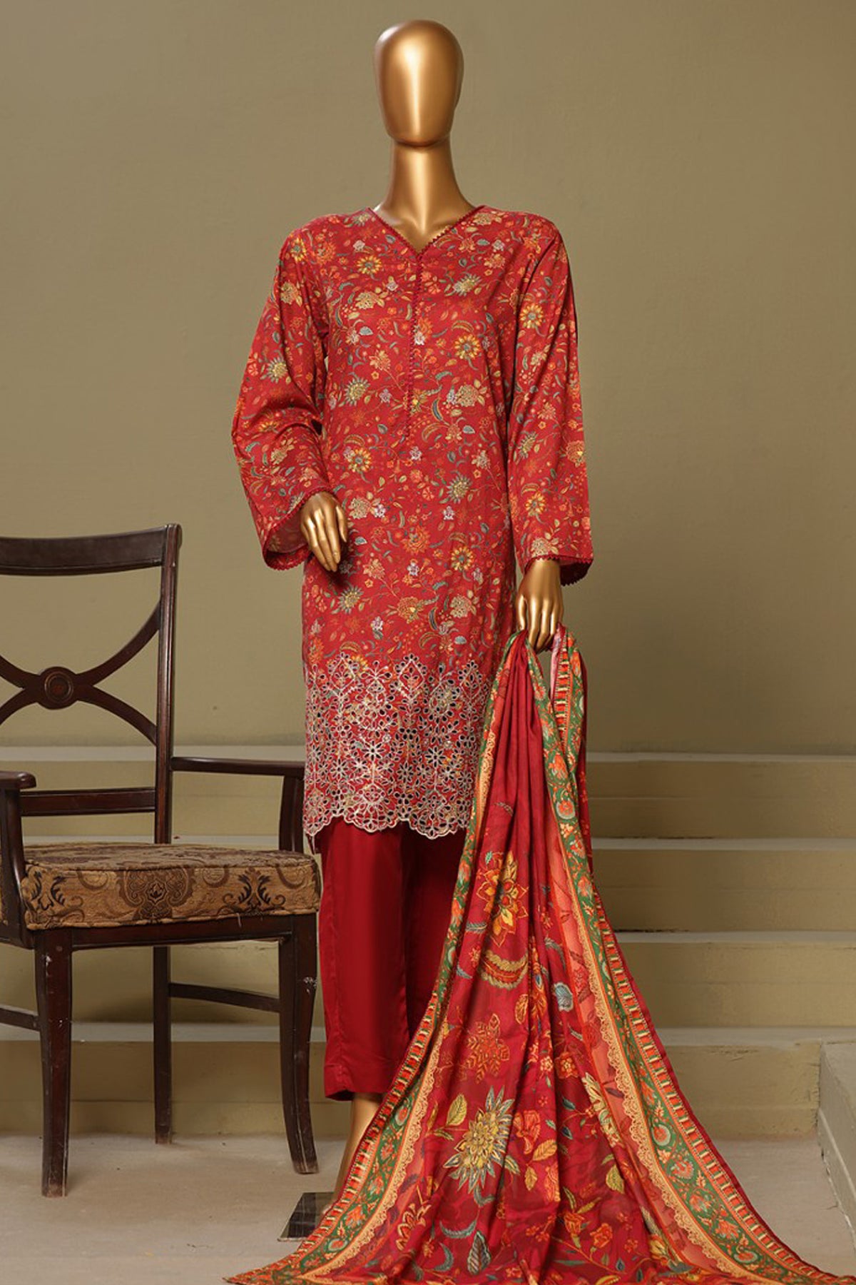 Bin Saeed Stitched 3 Piece Exclusive Chikankari Cotton Vol-01 Collection'2024-WC-1118-Maroon