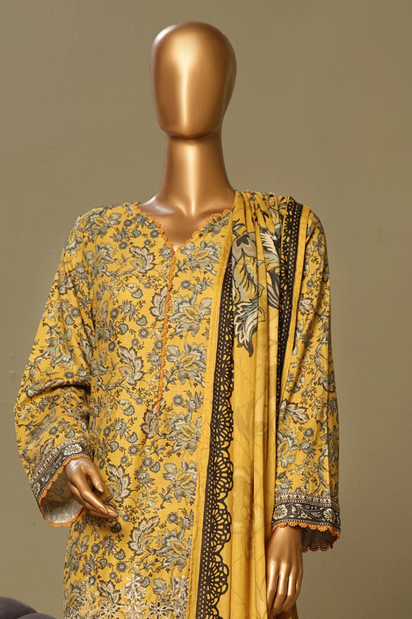 Bin Saeed Stitched 3 Piece Exclusive Chikankari Cotton Vol-01 Collection'2024-WC-1121-Mustard