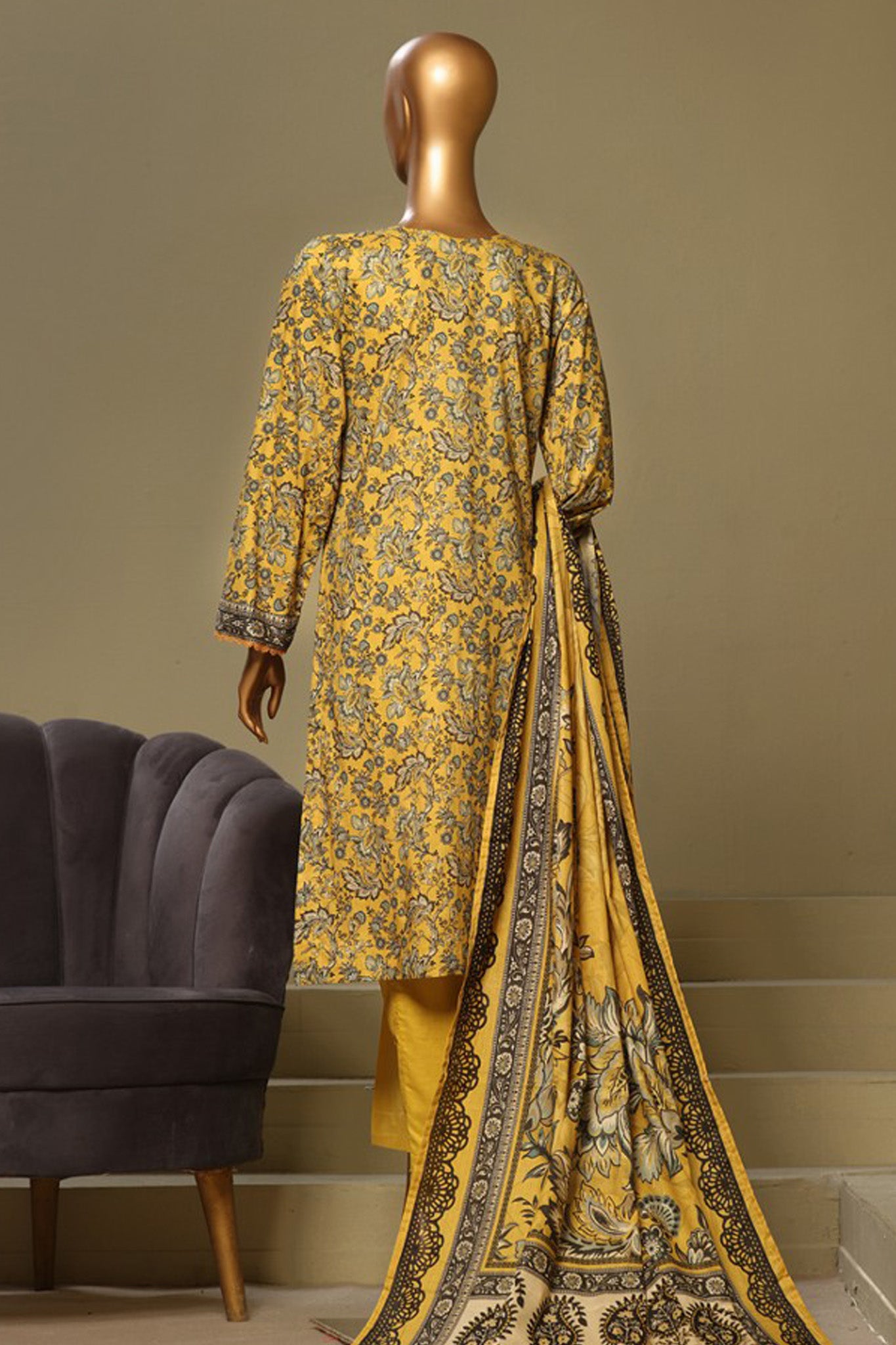 Bin Saeed Stitched 3 Piece Exclusive Chikankari Cotton Vol-01 Collection'2024-WC-1121-Mustard