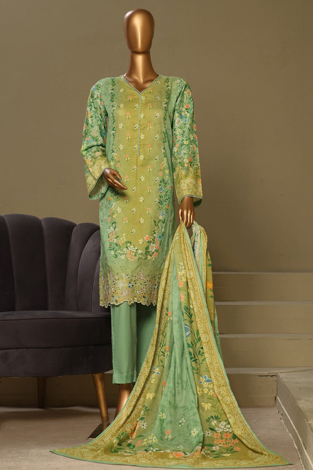 Bin Saeed Stitched 3 Piece Exclusive Chikankari Cotton Vol-01 Collection'2024-WC-1125-Pista