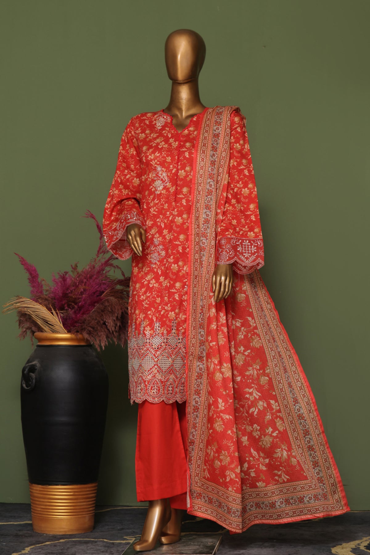 Bin Saeed Stitched 3 Piece Exclusive Emb Cotton Vol-02 Collection'2024-WC-1254-Rust