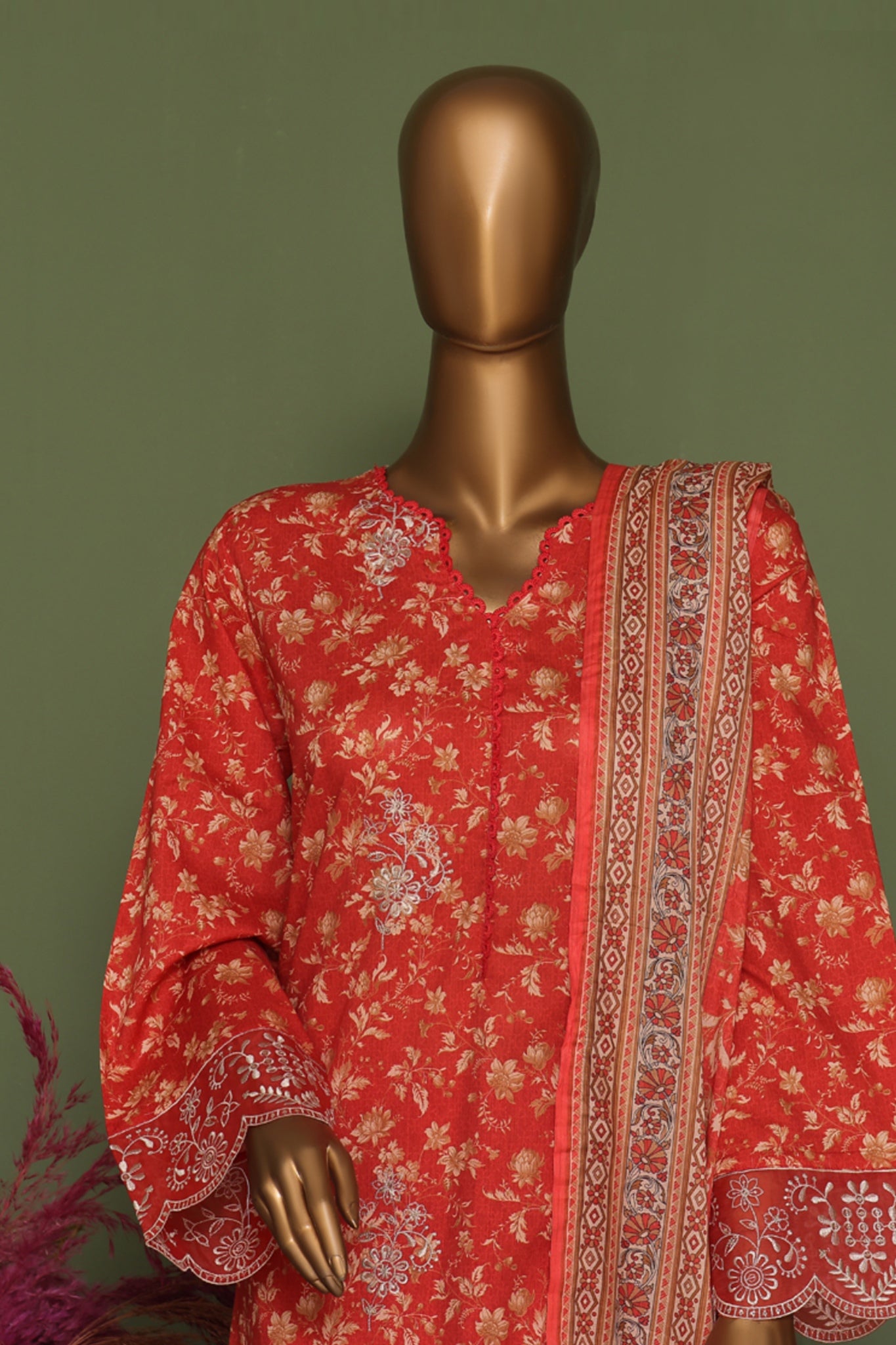 Bin Saeed Stitched 3 Piece Exclusive Emb Cotton Vol-02 Collection'2024-WC-1254-Rust