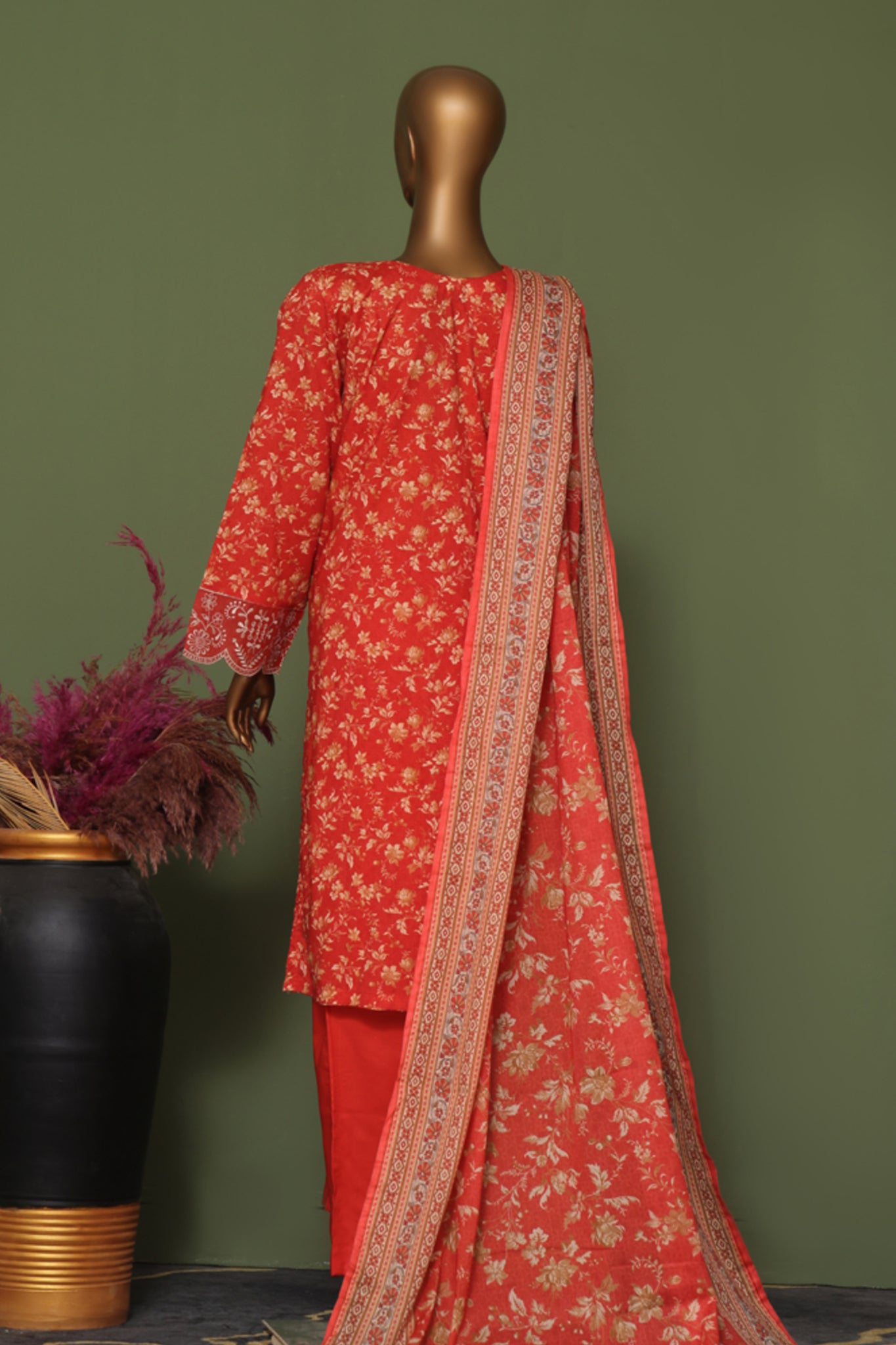 Bin Saeed Stitched 3 Piece Exclusive Emb Cotton Vol-02 Collection'2024-WC-1254-Rust