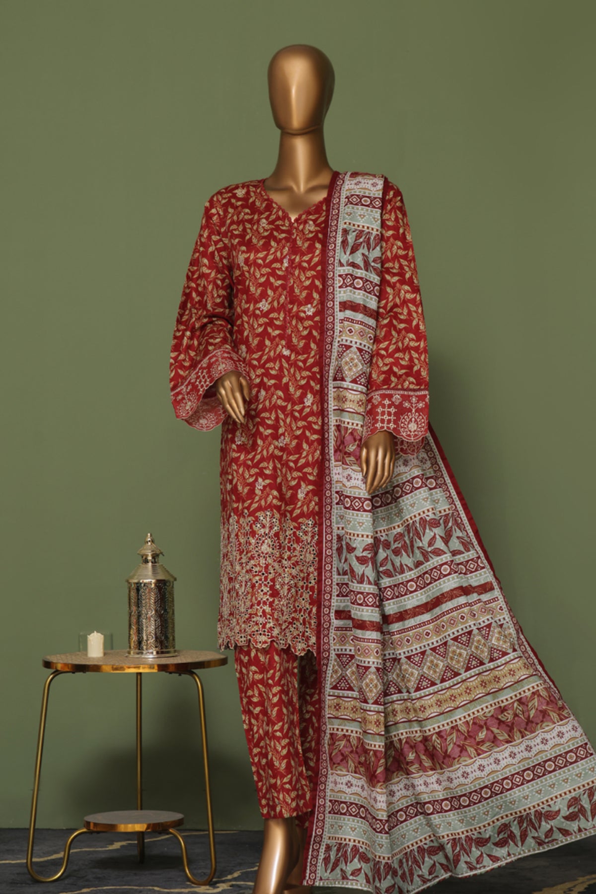 Bin Saeed Stitched 3 Piece Exclusive Emb Cotton Vol-02 Collection'2024-WC-1258-Maroon