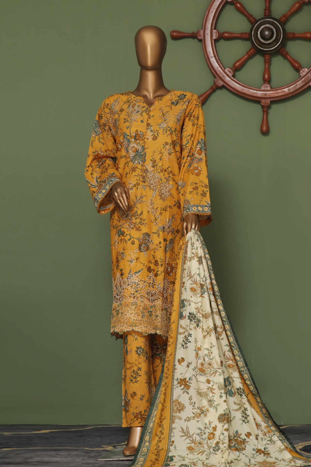 Bin Saeed Stitched 3 Piece Exclusive Emb Cotton Vol-02 Collection'2024-WC-1259-Yellow