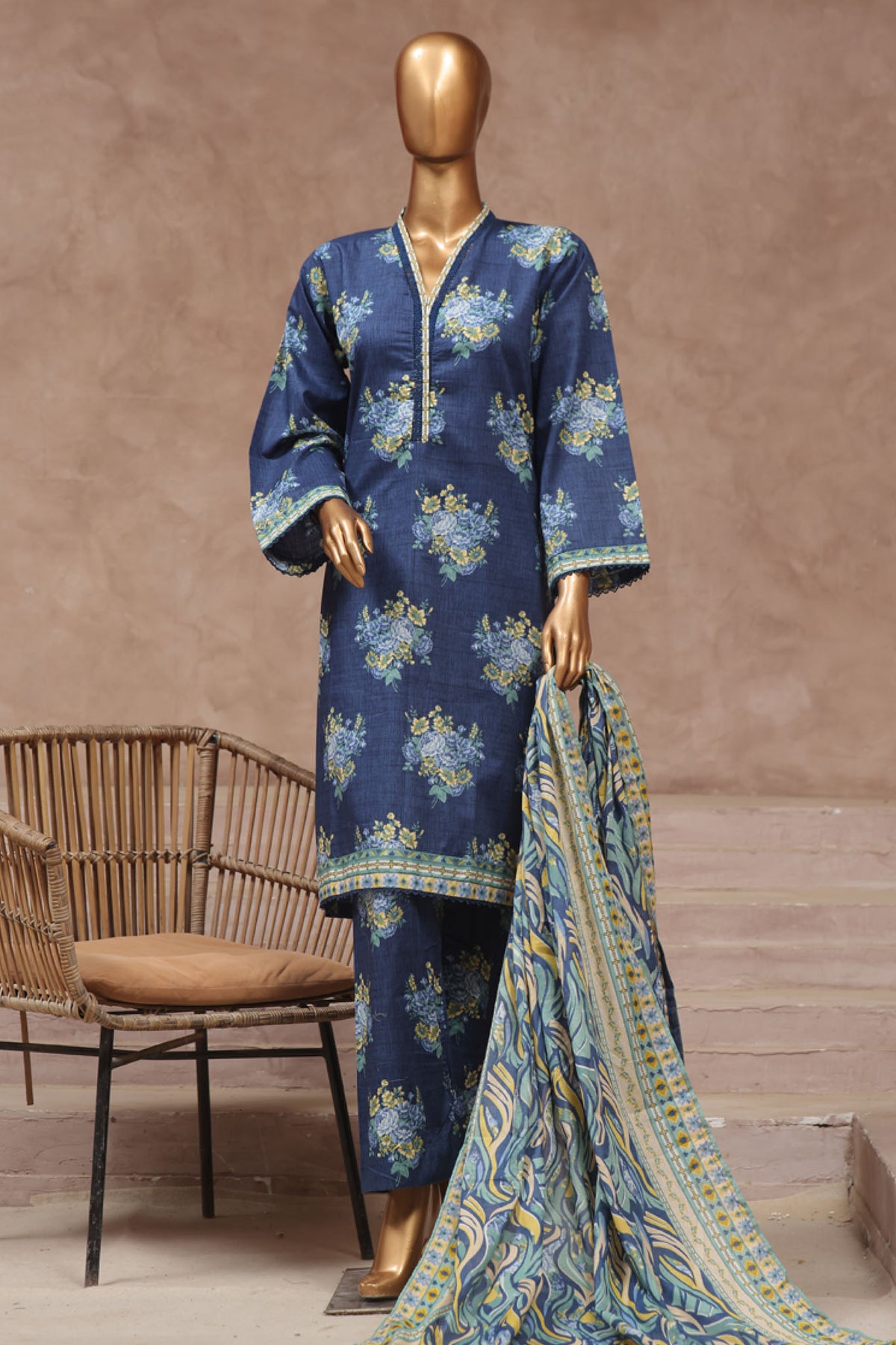 Bin Saeed Stitched 3 Piece Exclusive Printed Cotton Vol-02 Collection'2024-WC-1327-Blue