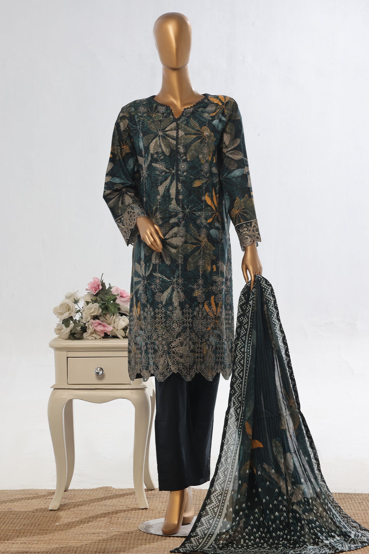 Bin Saeed Stitched 3 Piece Exclusive Emb Lawn Vol-02 Collection-WC-1563-Black