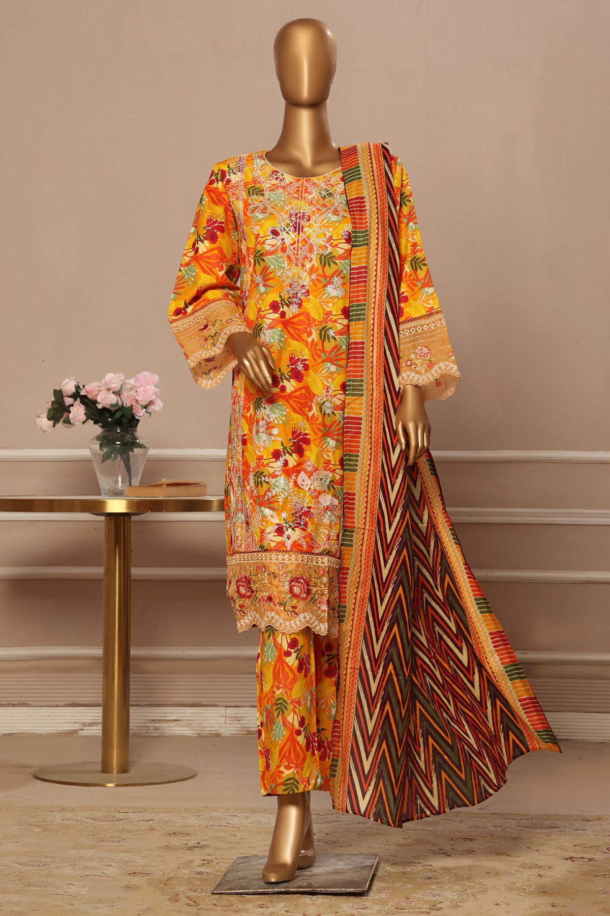 Bin Saeed Stitched 3 Piece Exclusive Emb Lawn Vol-03 Collection-WC-1704-Yellow