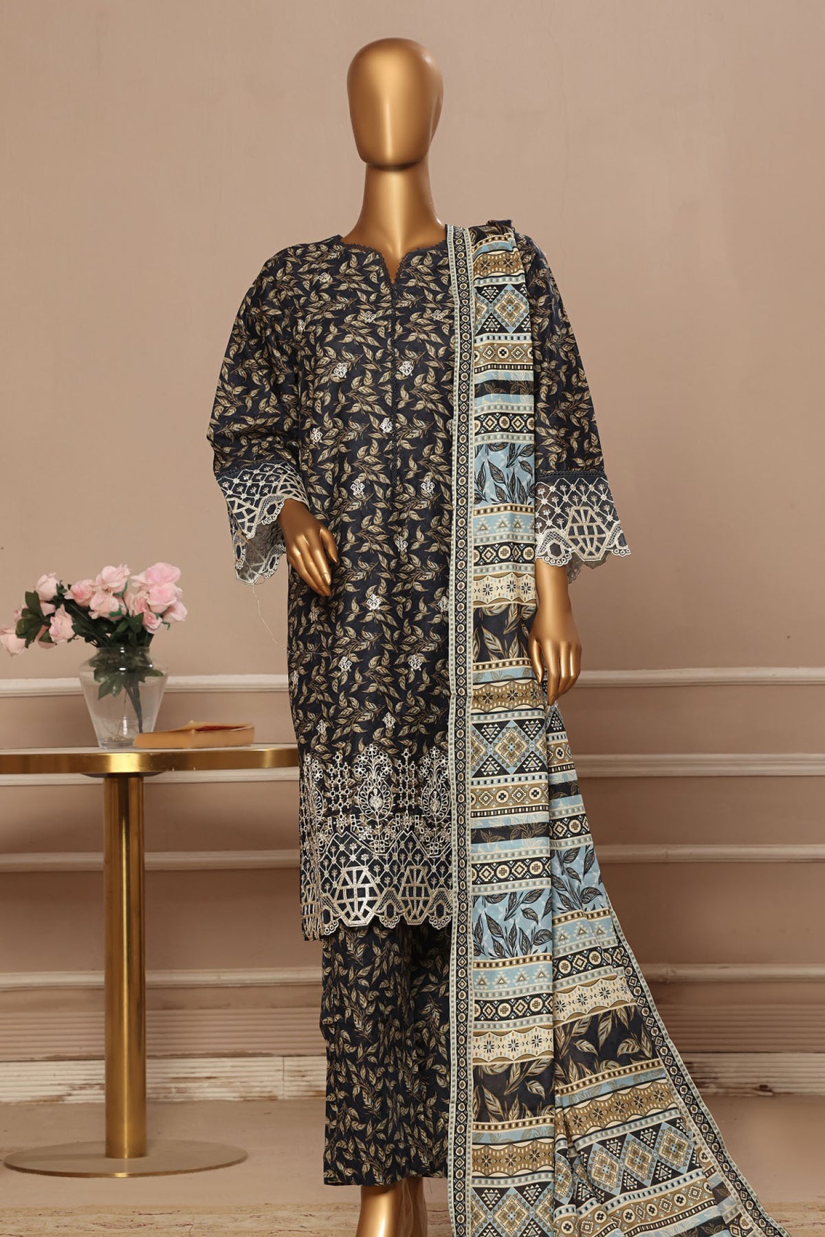 Eid Ke Rang By Bin Saeed Stitched 3 Piece Chikankari Lawn Collection'2025-WC-1786-Navy Blue