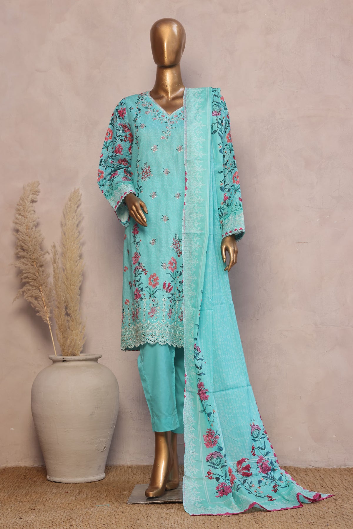 Ronaq E Eid By Bin Saeed Stitched 3 Piece Exc Emb Lawn Collection'2025-WC-1892-Ferozi