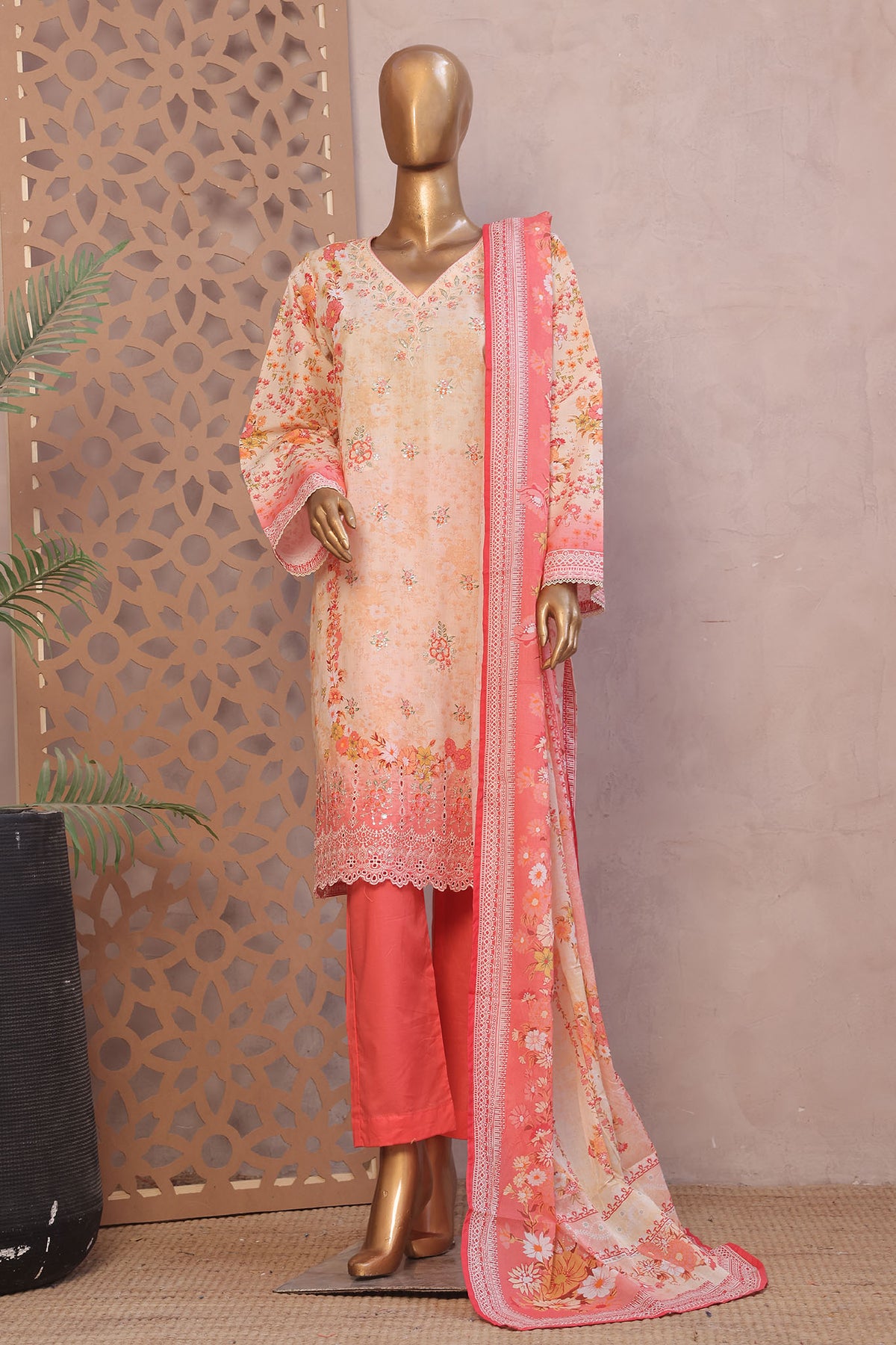 Ronaq E Eid By Bin Saeed Stitched 3 Piece Exc Emb Lawn Collection'2025-WC-1893-Peach