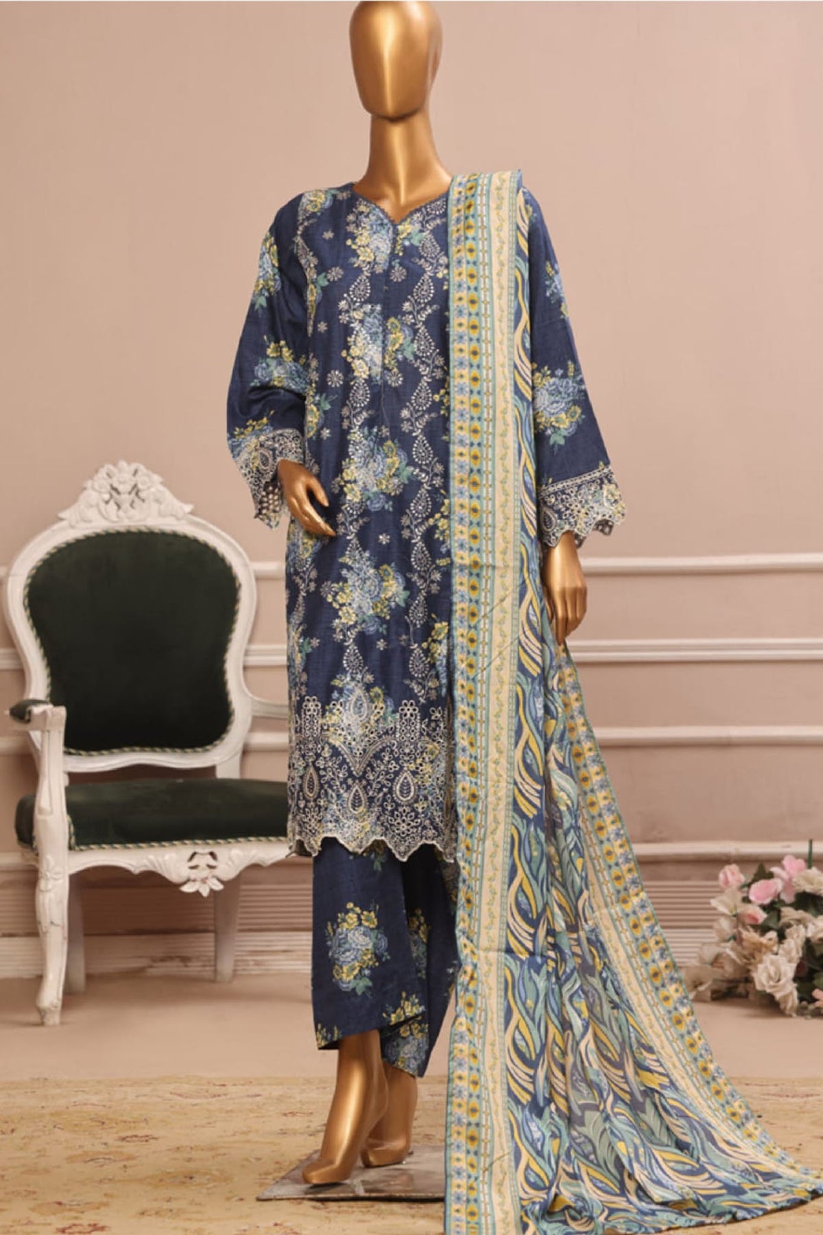 Bin Saeed Stitched 3 Piece Exclusive Emb Lawn Vol-05 Collection-WC-1947-Blue