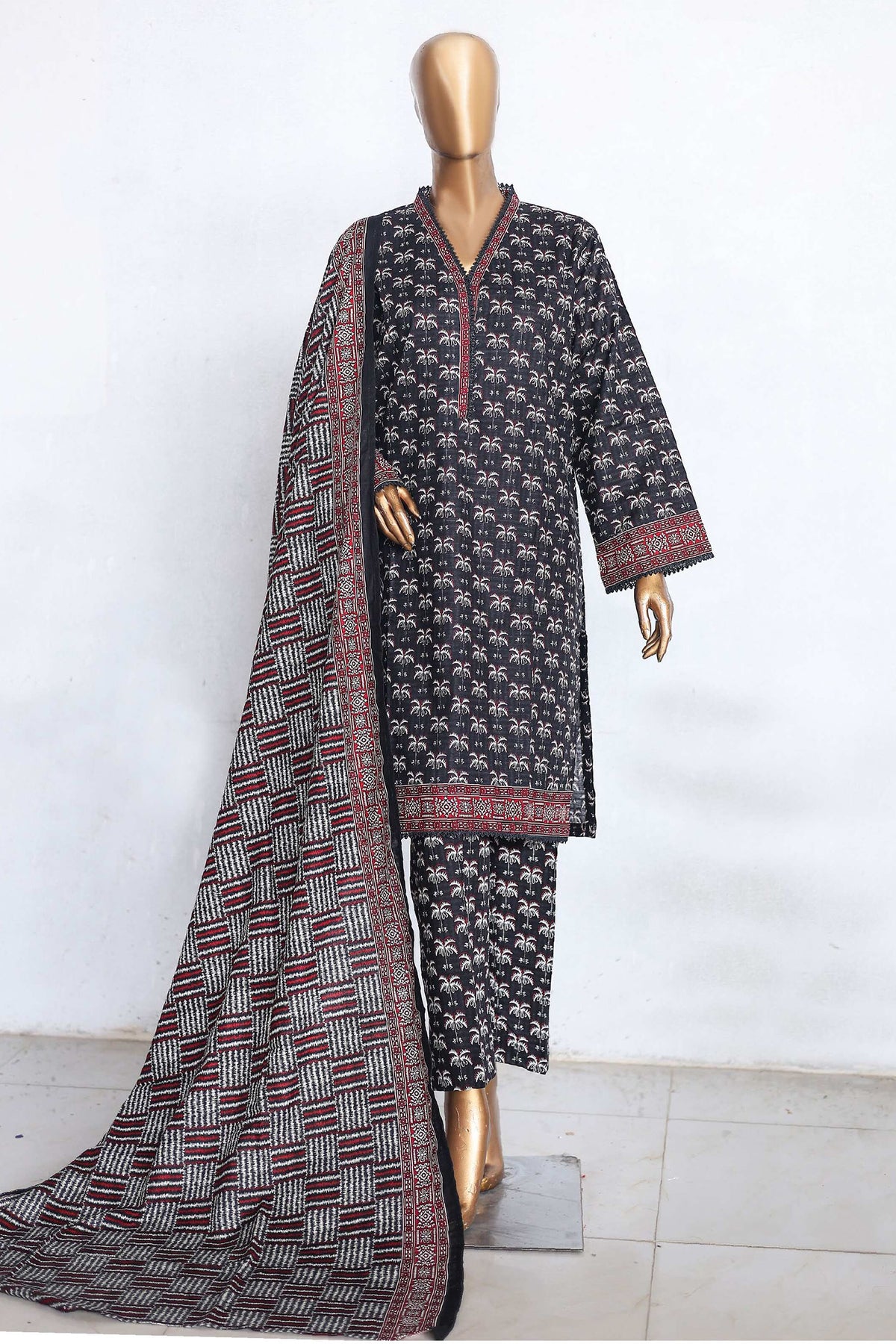 Bin Saeed Stitched 3 Piece Printed Khaddar Winters Collection'2024-WK-1001-Black