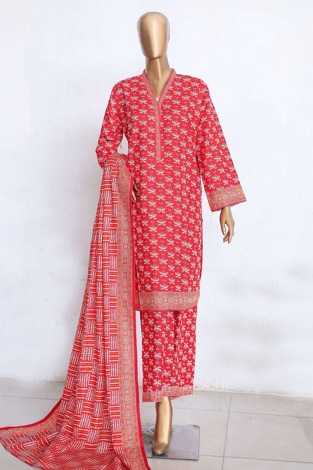 Bin Saeed Stitched 3 Piece Printed Khaddar Winters Collection'2024-WK-1002-Red