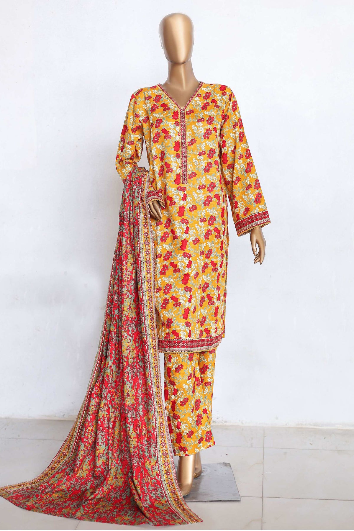 Bin Saeed Stitched 3 Piece Printed Khaddar Winters Collection'2024-WK-1003-Yellow