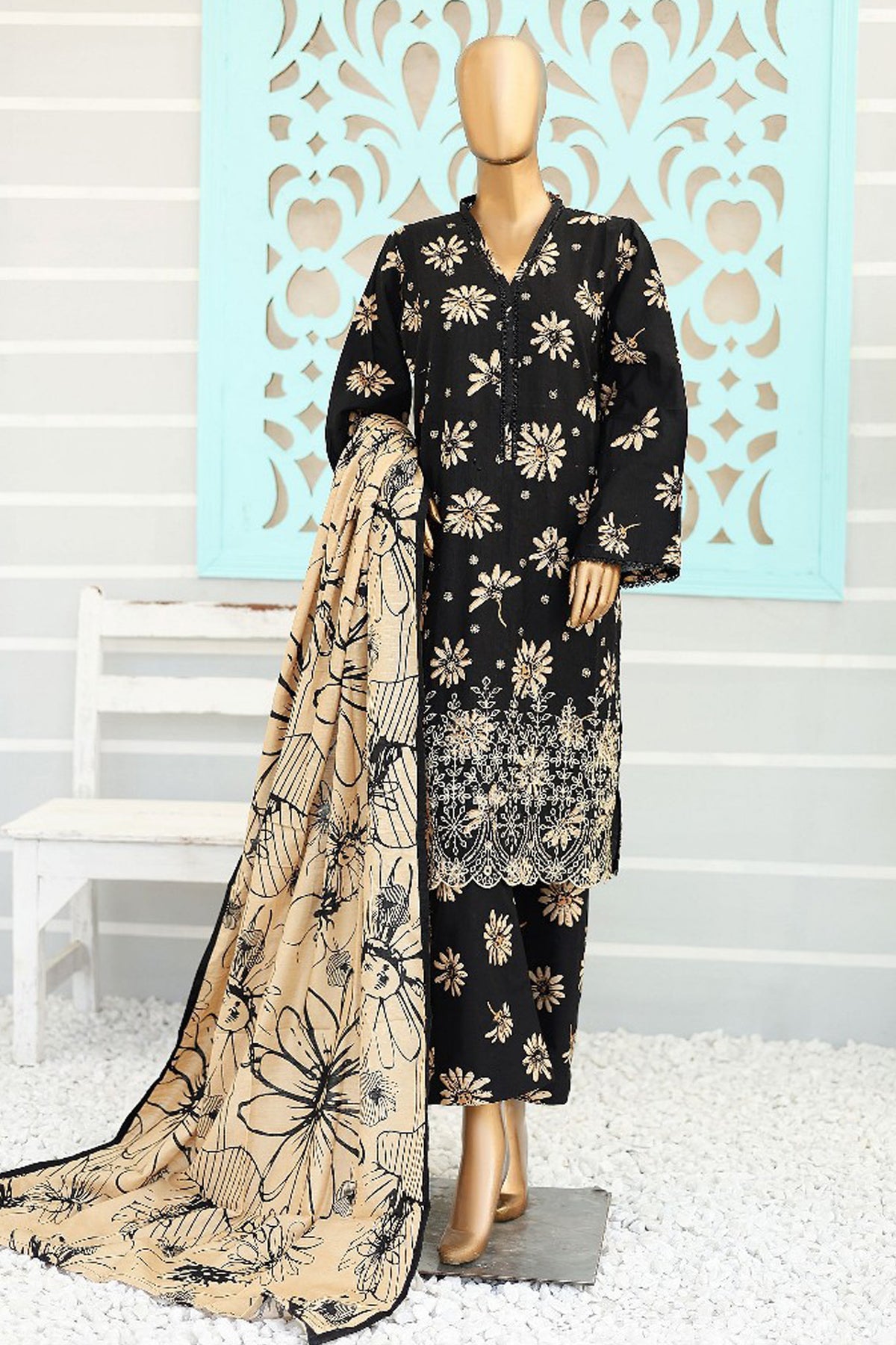 Bin Saeed Stitched 3 Piece Chikankari Emb Khaddar Collection'2024-WK-1099-Black