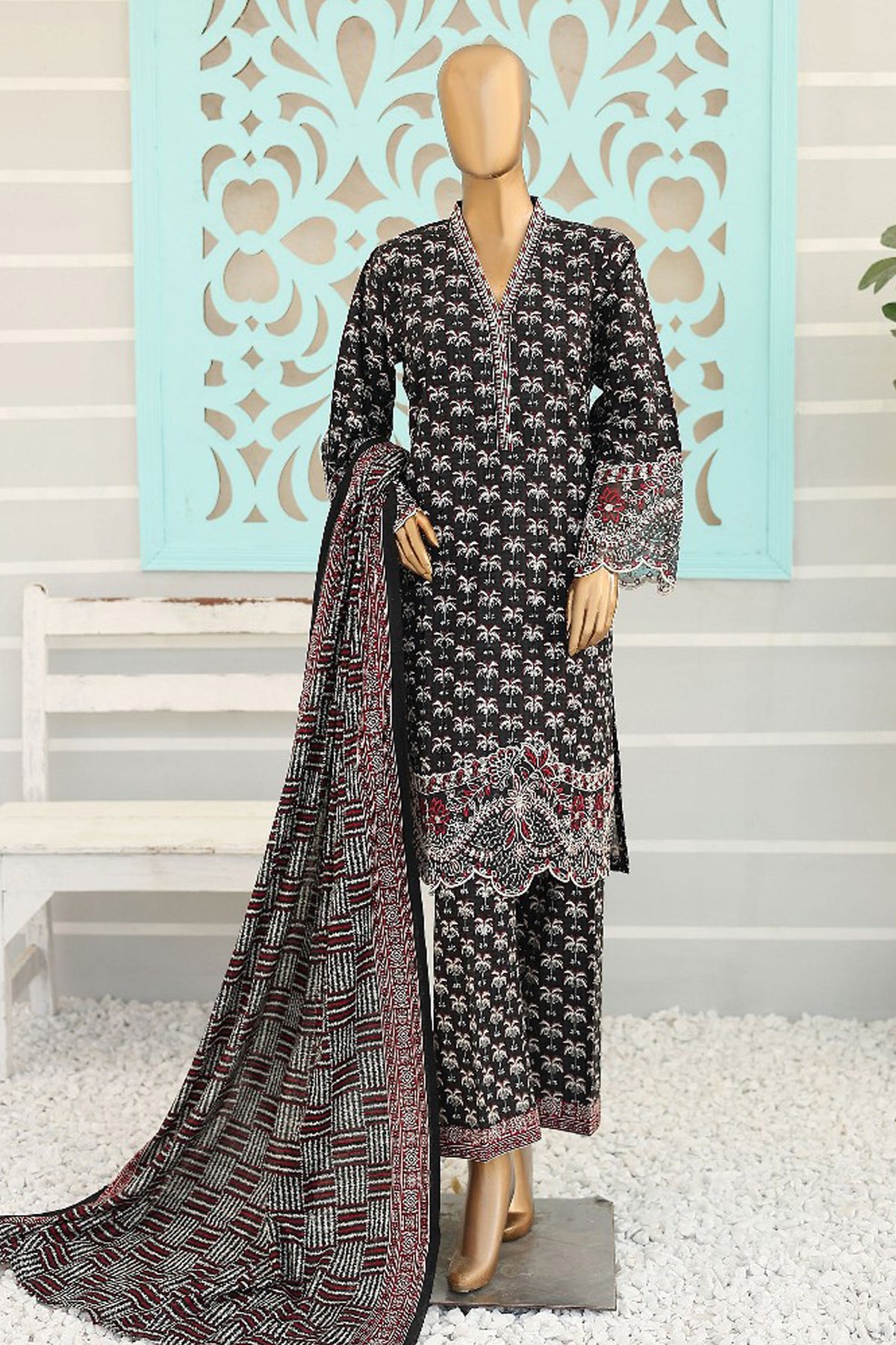 Bin Saeed Stitched 3 Piece Chikankari Emb Khaddar Collection'2024-WK-1102-Black