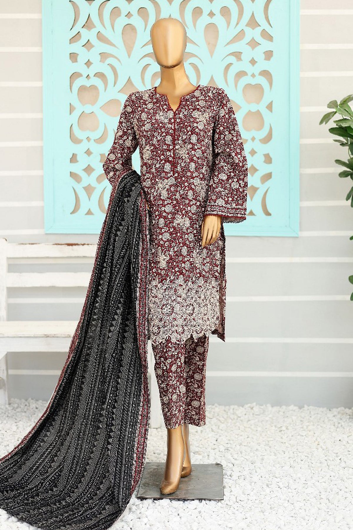 Bin Saeed Stitched 3 Piece Chikankari Emb Khaddar Collection'2024-WK-1105-Maroon