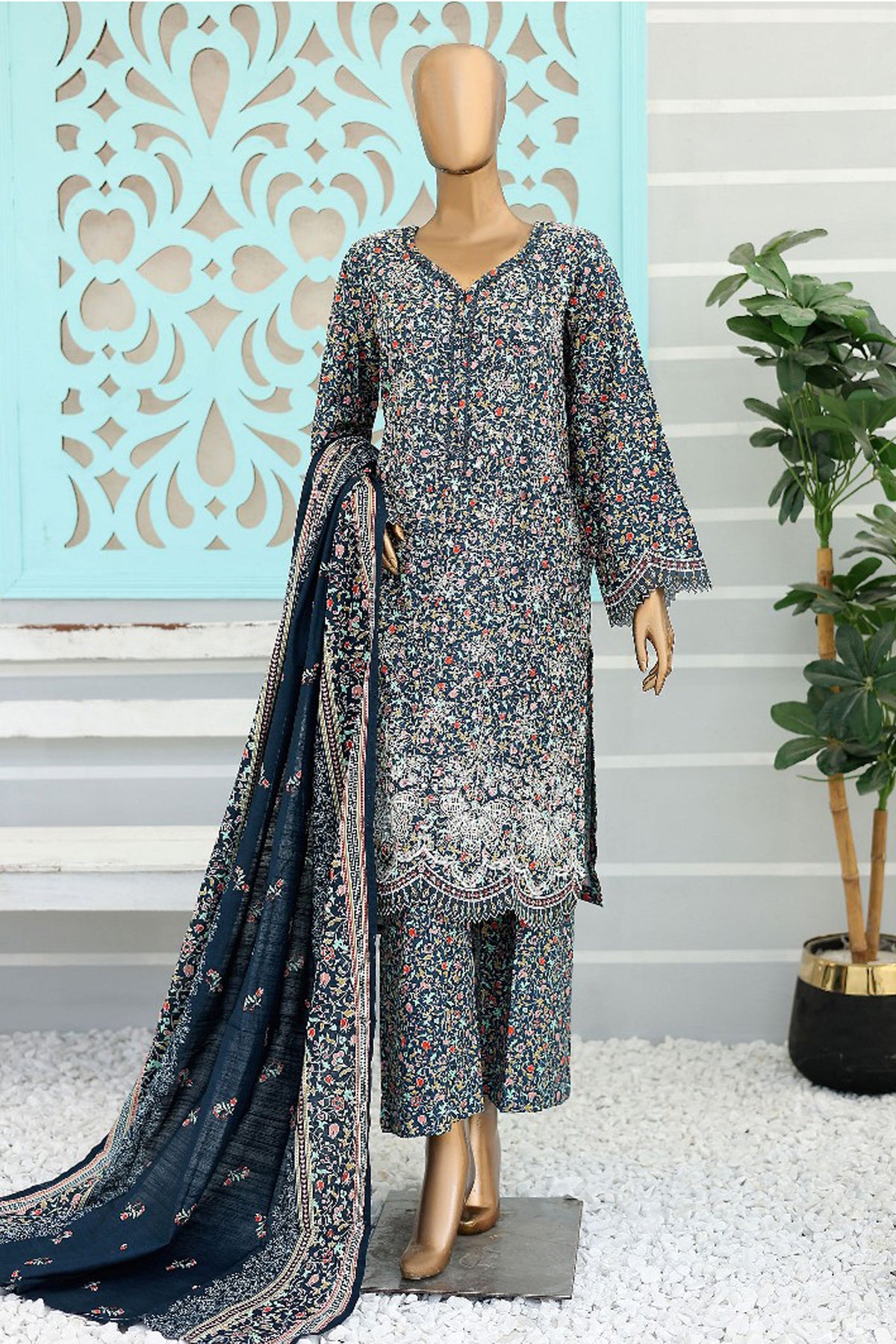 Bin Saeed Stitched 3 Piece Chikankari Emb Khaddar Collection'2024-WK-1106-Navy Blue