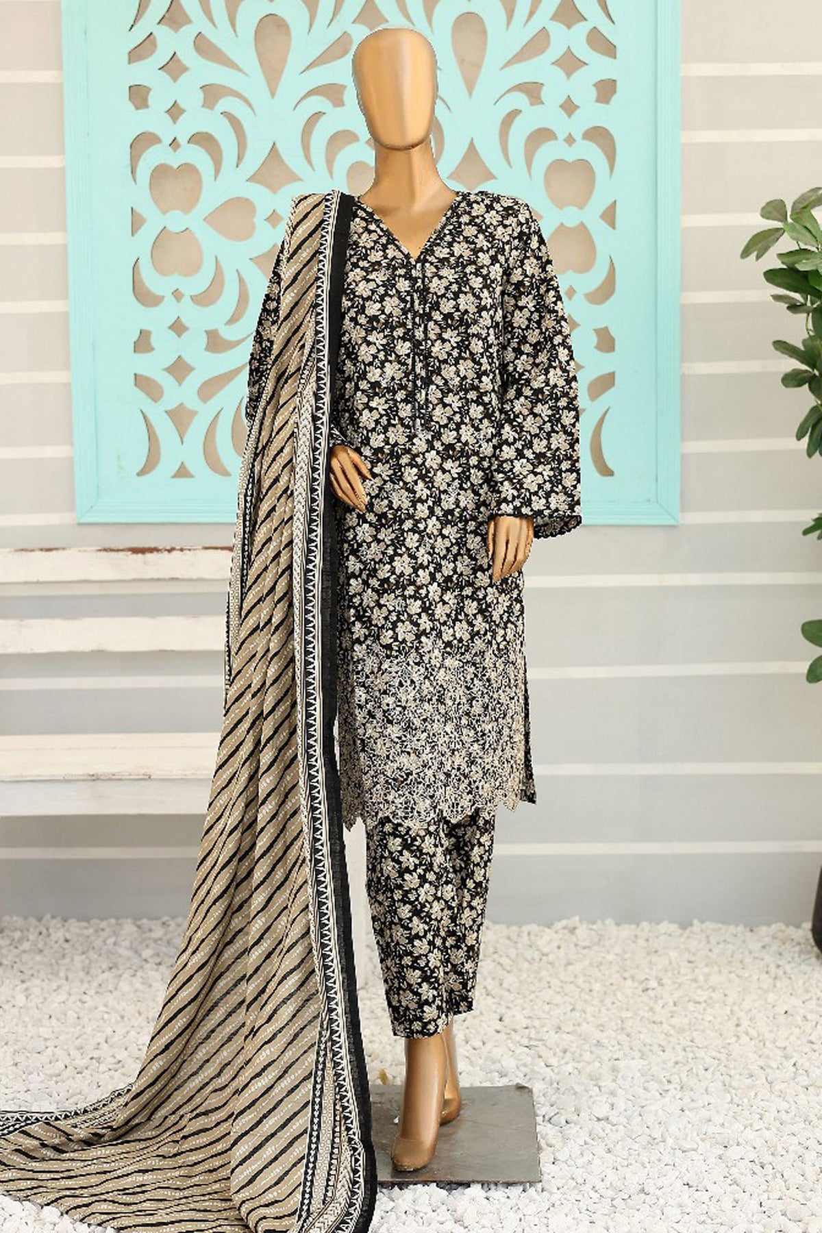 Bin Saeed Stitched 3 Piece Chikankari Emb Khaddar Collection'2024-WK-1107-Black