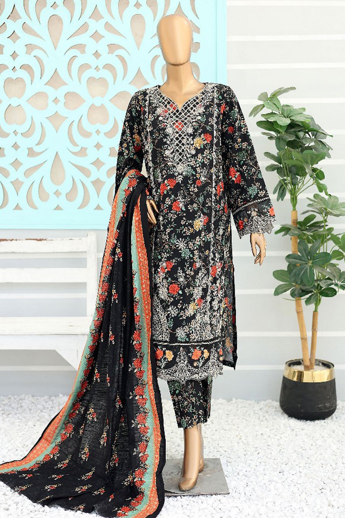 Bin Saeed Stitched 3 Piece Chikankari Emb Khaddar Collection'2024-WK-1114-Black