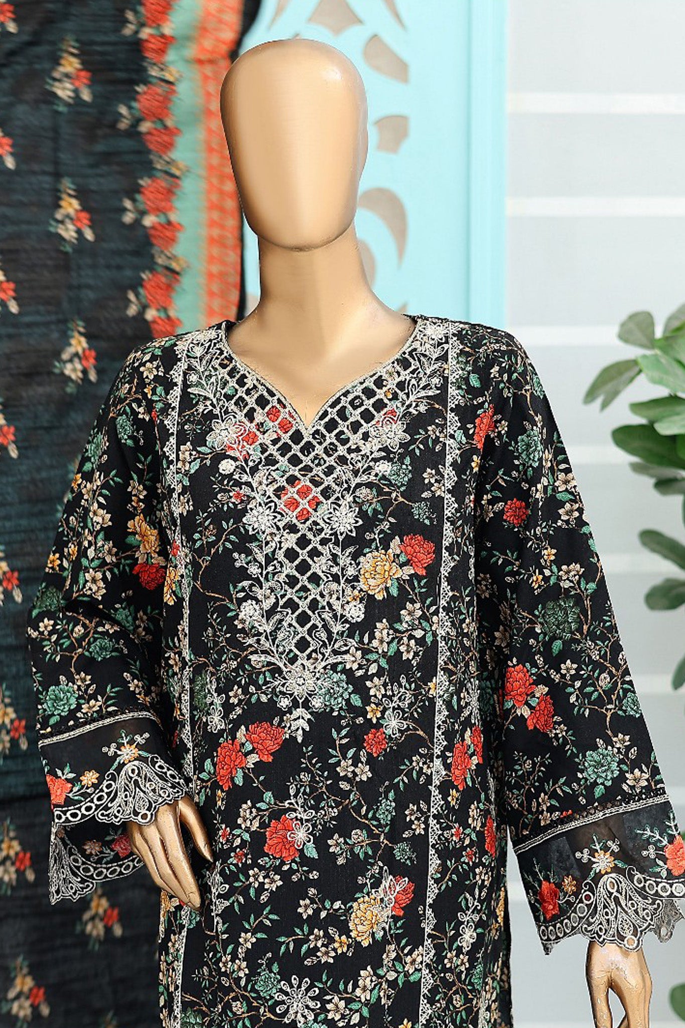 Bin Saeed Stitched 3 Piece Chikankari Emb Khaddar Collection'2024-WK-1114-Black