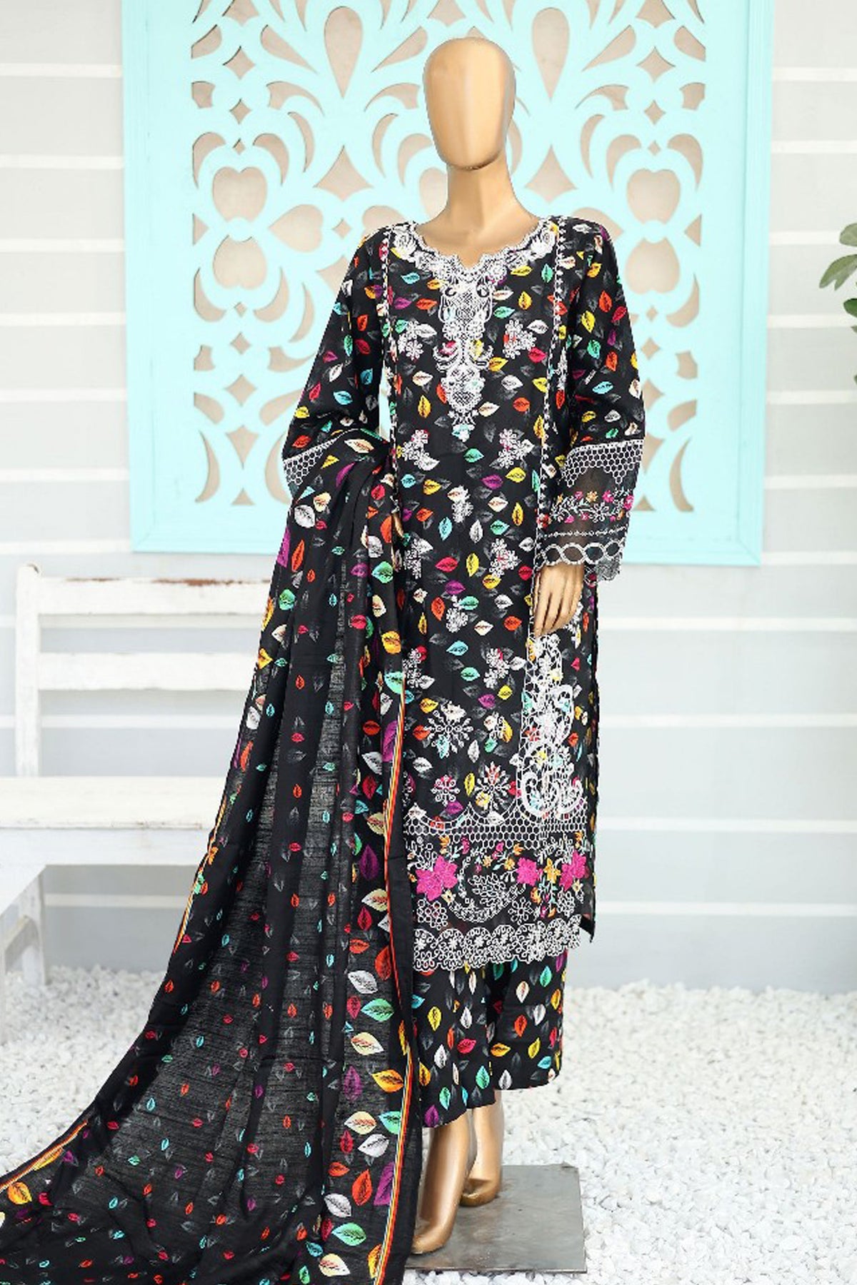 Bin Saeed Stitched 3 Piece Chikankari Emb Khaddar Collection'2024-WK-1115-Black