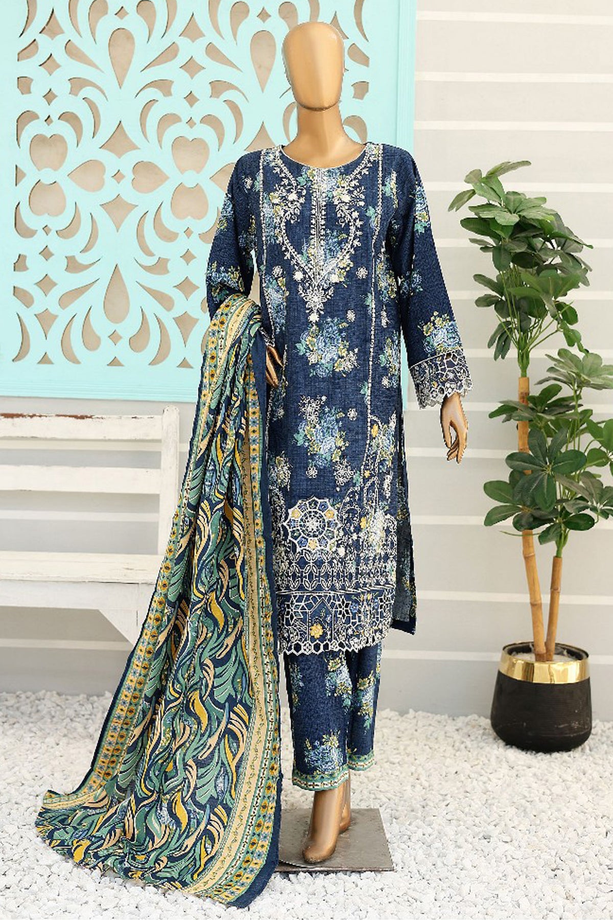 Bin Saeed Stitched 3 Piece Chikankari Emb Khaddar Collection'2024-WK-1116-Navy Blue